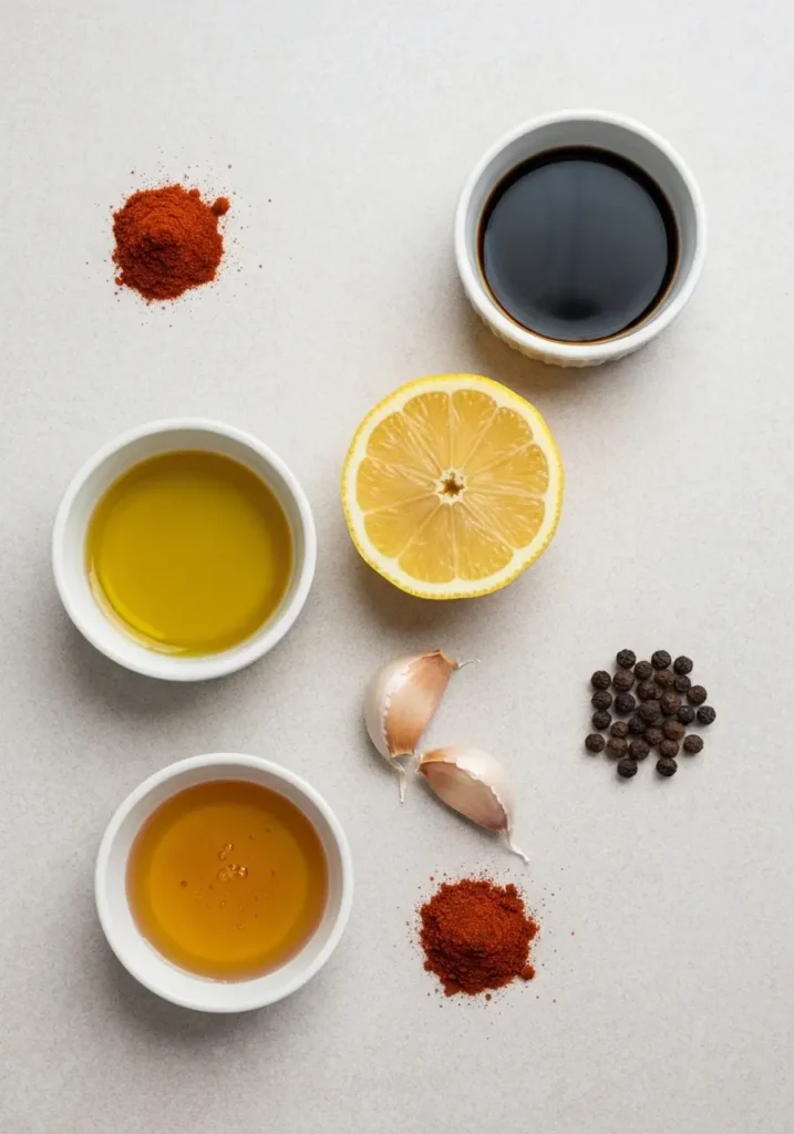 Ingredients for grilled chicken thigh marinade: olive oil, soy sauce, lemon, garlic, honey, and spices.