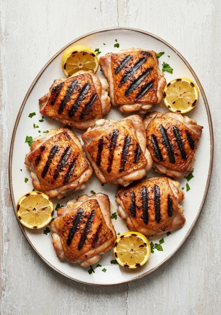 Overhead view of a platter of perfectly grilled chicken thighs, ready to be served.