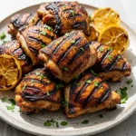 A platter of juicy grilled chicken thighs with perfect char marks and crispy skin, garnished with fresh parsley.