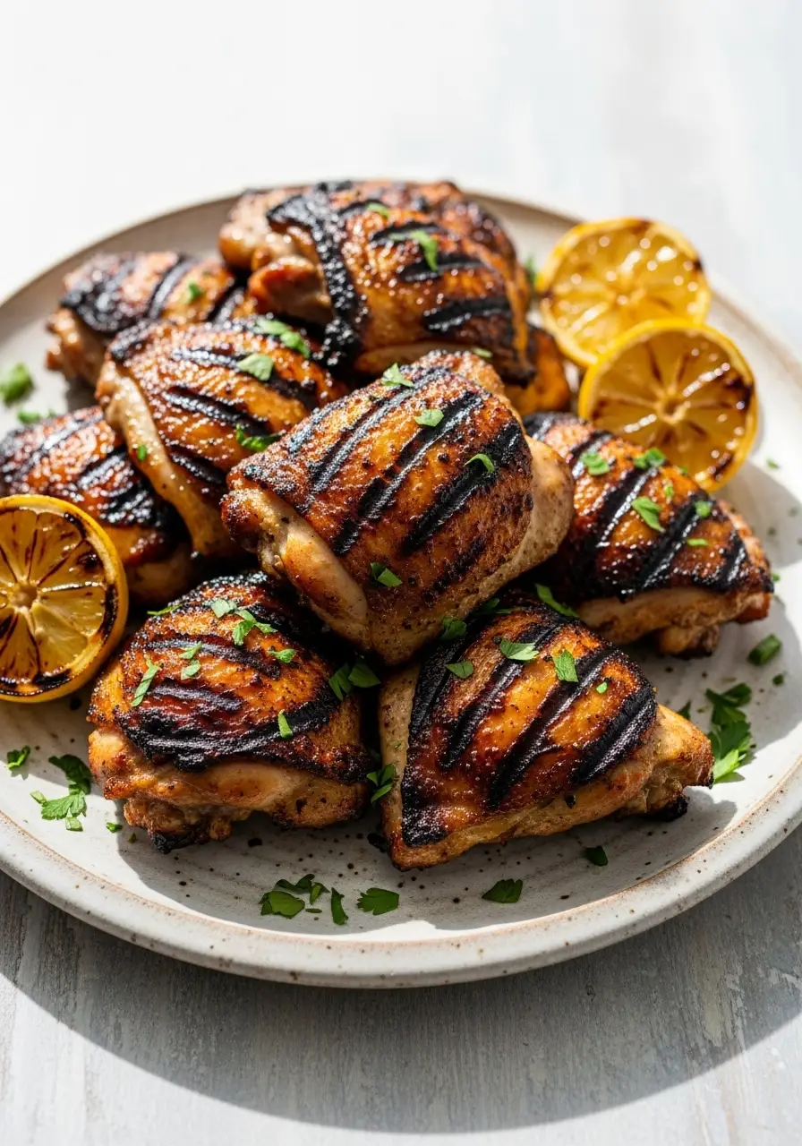 Perfectly Grilled Chicken Thighs - Your New Summer Favorite! 4 A platter of juicy grilled chicken thighs with perfect char marks and crispy skin, garnished with fresh parsley.