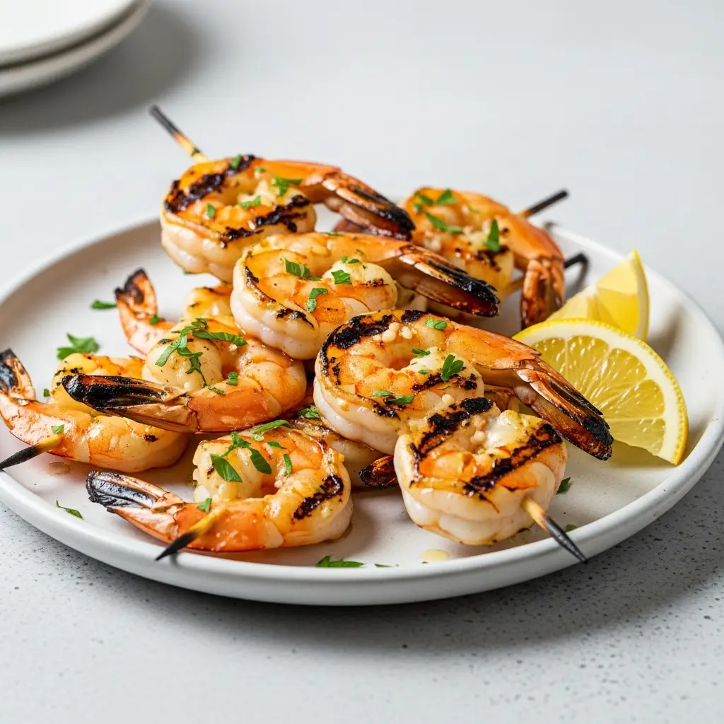 Grilled Shrimp Recipe (Juicy & Flavorful in 10 Minutes!) 3 A close-up of two perfectly grilled shrimp skewers with lemon and garlic marinade on a white plate.