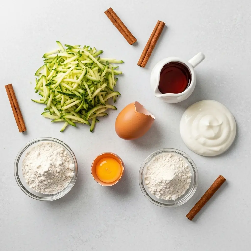 Ingredients for healthy zucchini bread, including flour, grated zucchini, maple syrup, and an egg, arranged on a light surface.