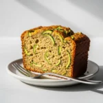 A thick slice of healthy zucchini bread on a white plate, showing its moist texture.
