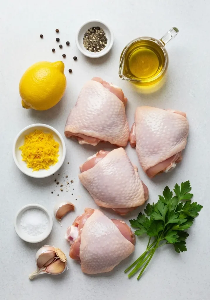 An overhead shot of the ingredients for lemon garlic chicken thighs: raw chicken, lemon, garlic, parsley, salt, pepper, and olive oil.