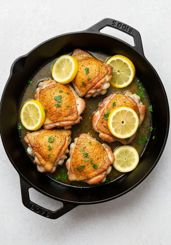 An overhead flat lay of cooked lemon garlic chicken thighs in a cast iron skillet.