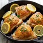 A 45-degree view of lemon garlic chicken thighs in a cast iron skillet, garnished with fresh parsley and lemon slices.