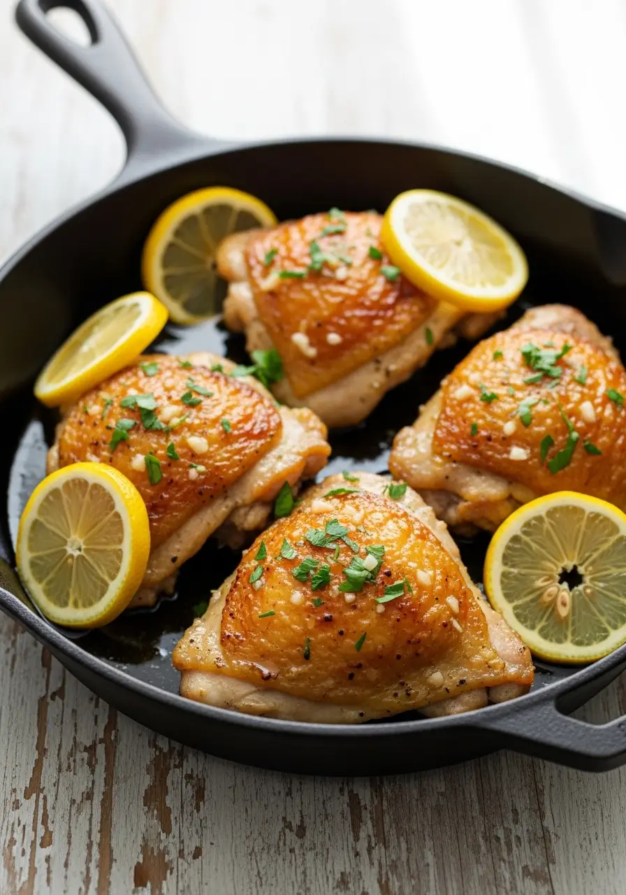 A 45-degree view of lemon garlic chicken thighs in a cast iron skillet, garnished with fresh parsley and lemon slices.