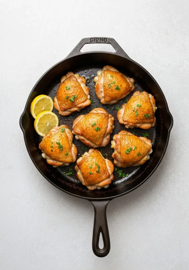 Overhead view of cooked boneless skinless chicken thighs in a cast iron skillet.