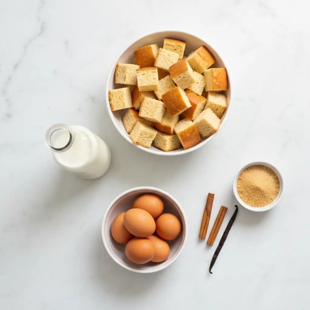 Ingredients for overnight French toast casserole, including brioche bread, eggs, milk, and cinnamon, arranged on a marble surface.