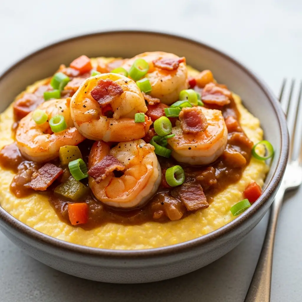 Shrimp and Grits Recipe (The Best Southern Classic) 3 A close-up 45-degree angle shot of a bowl of creamy southern shrimp and grits, garnished with bacon and green onions.