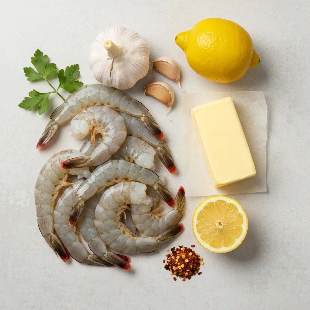 Ingredients for shrimp scampi recipe laid out on a light surface.