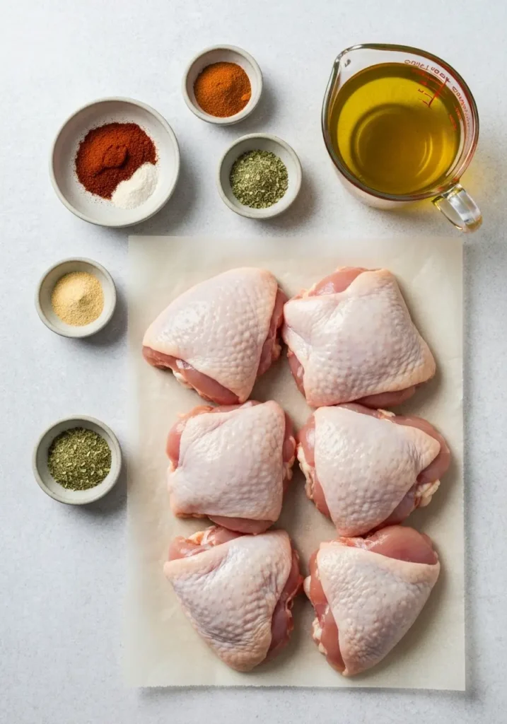 Ingredients for slow cooker chicken thighs, including raw chicken, spices, and chicken broth, arranged on a light surface.