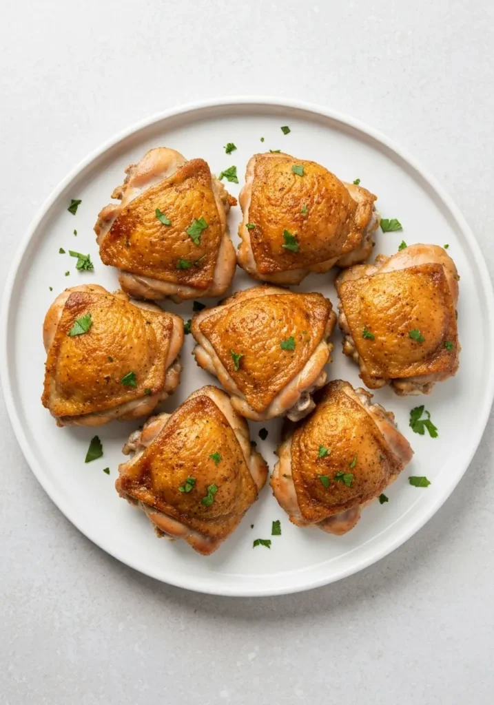 An overhead flat lay shot of crispy slow cooker chicken thighs on a white platter.