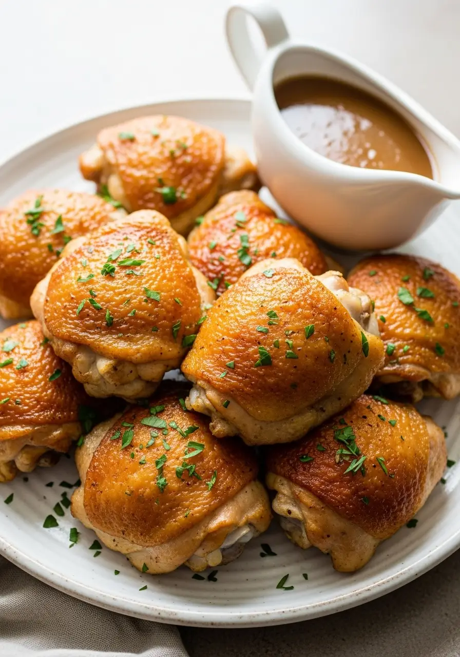 Juicy Slow Cooker Chicken Thighs - Easy Dump-and-Go Recipe! 4 A platter of juicy slow cooker chicken thighs with golden crispy skin, garnished with fresh parsley.