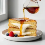 A stack of two slices of stuffed french toast on a white plate, cut to show the cream cheese filling, with syrup being poured over.