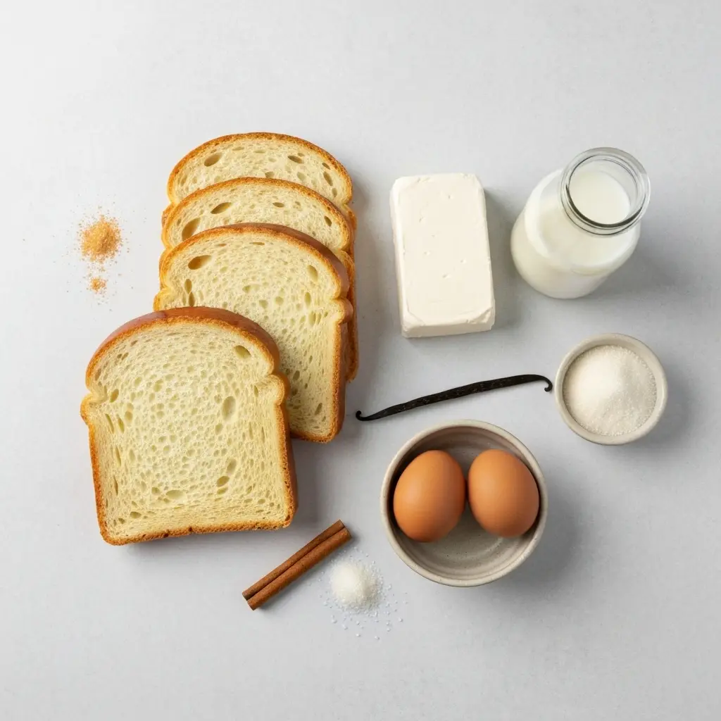 Ingredients for stuffed french toast, including brioche bread, cream cheese, eggs, and milk, arranged on a light surface.