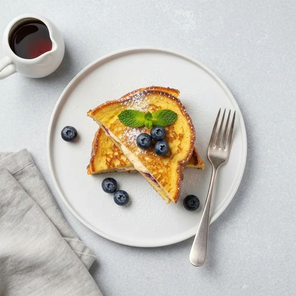 An overhead view of a plate of stuffed french toast, garnished with berries and powdered sugar.