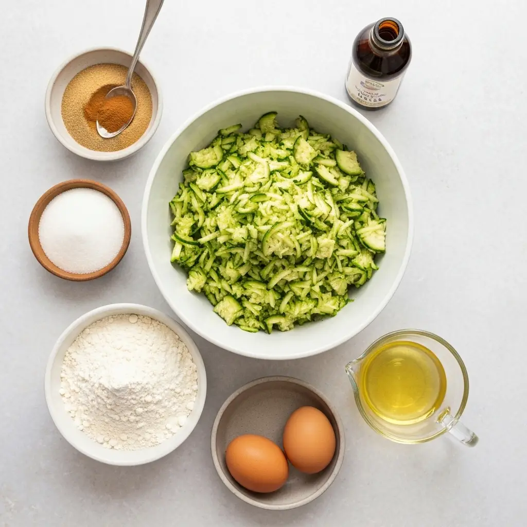 Ingredients for zucchini bread recipe laid out on a light surface, including flour, sugar, eggs, oil, and grated zucchini.