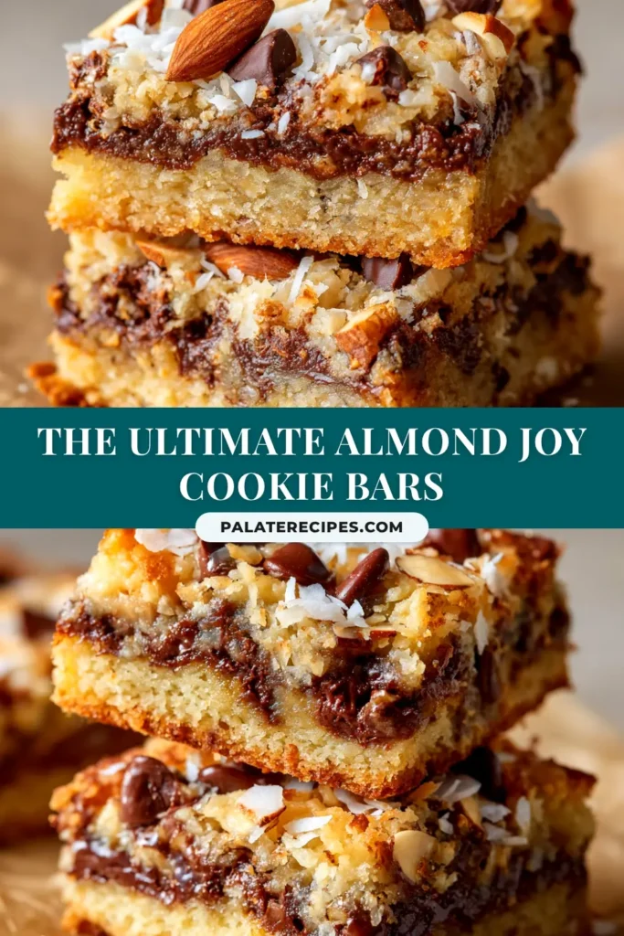 A stack of thick and chewy Almond Joy Cookie Bars, showing layers of graham cracker crust, gooey coconut, and a topping of chocolate chips and whole almonds.