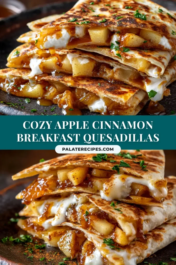A stack of Apple Cinnamon Breakfast Quesadillas on a white plate, garnished with powdered sugar. This easy 10-minute recipe is a perfect warm breakfast treat.