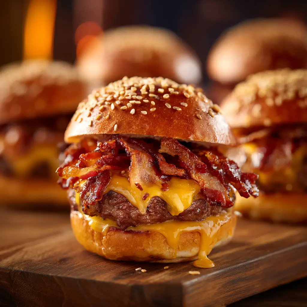 The process of assembling bacon cheeseburger sliders, with layers of ground beef and bacon being added to the bottom half of Hawaiian rolls in a baking dish.