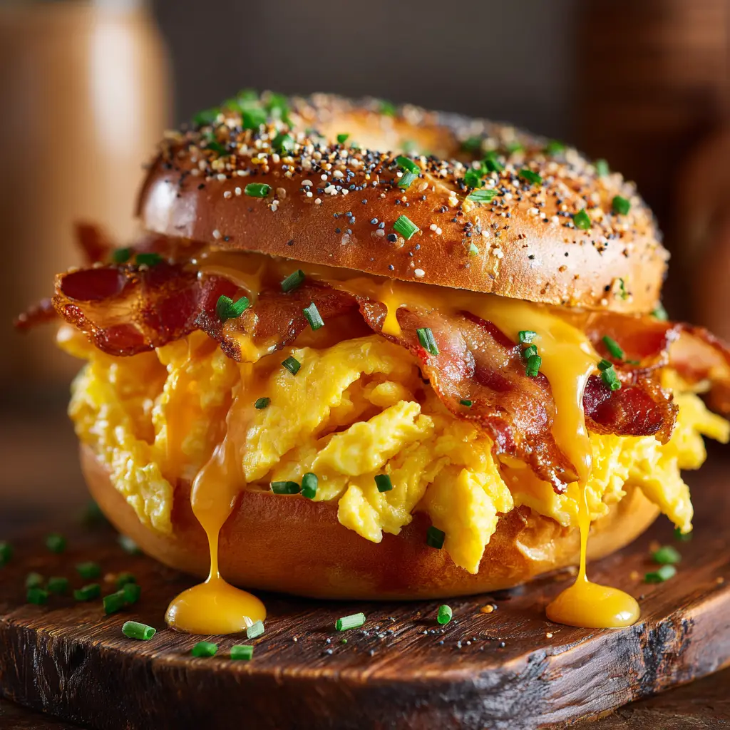 Assembling a bacon egg and cheese bagel, with each ingredient layered perfectly on a toasted bagel half.