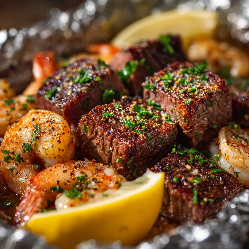 Steak and Shrimp Foil Packets: The Ultimate No-Fuss Dinner 2 Assembling the steak and shrimp foil packets. An open sheet of aluminum foil is being filled with steak, shrimp, and vegetables before being sealed for cooking.
