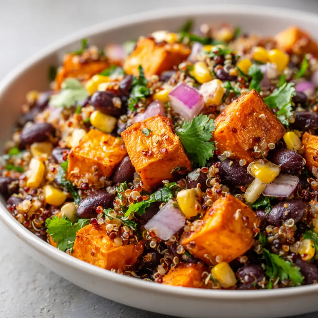 Roasted Sweet Potato Black Bean Quinoa Salad with Lime Dressing 2 The ingredients for the sweet potato and quinoa salad being assembled in a large mixing bowl before tossing.