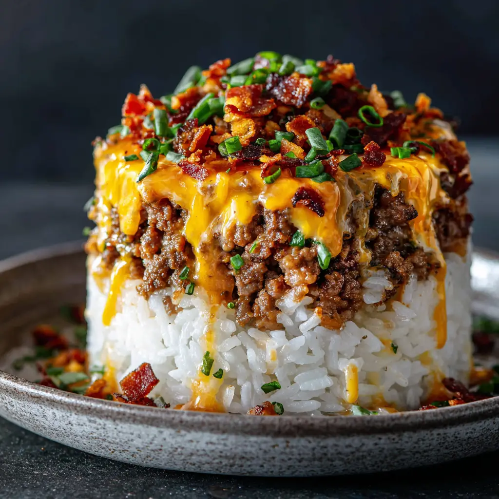 A serving of Bacon Cheeseburger Rice in a white bowl, garnished with crispy bacon bits and fresh parsley, ready to be eaten.