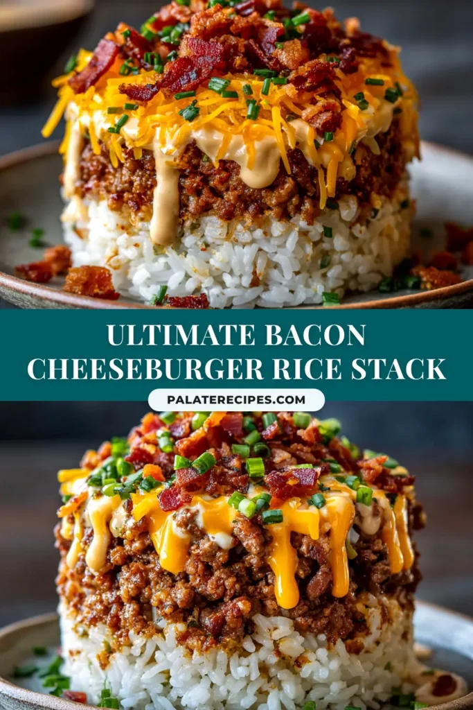 A top-down view of a skillet filled with delicious Bacon Cheeseburger Rice, topped with melted cheese, crispy bacon, and fresh parsley. A wooden spoon rests in the skillet.