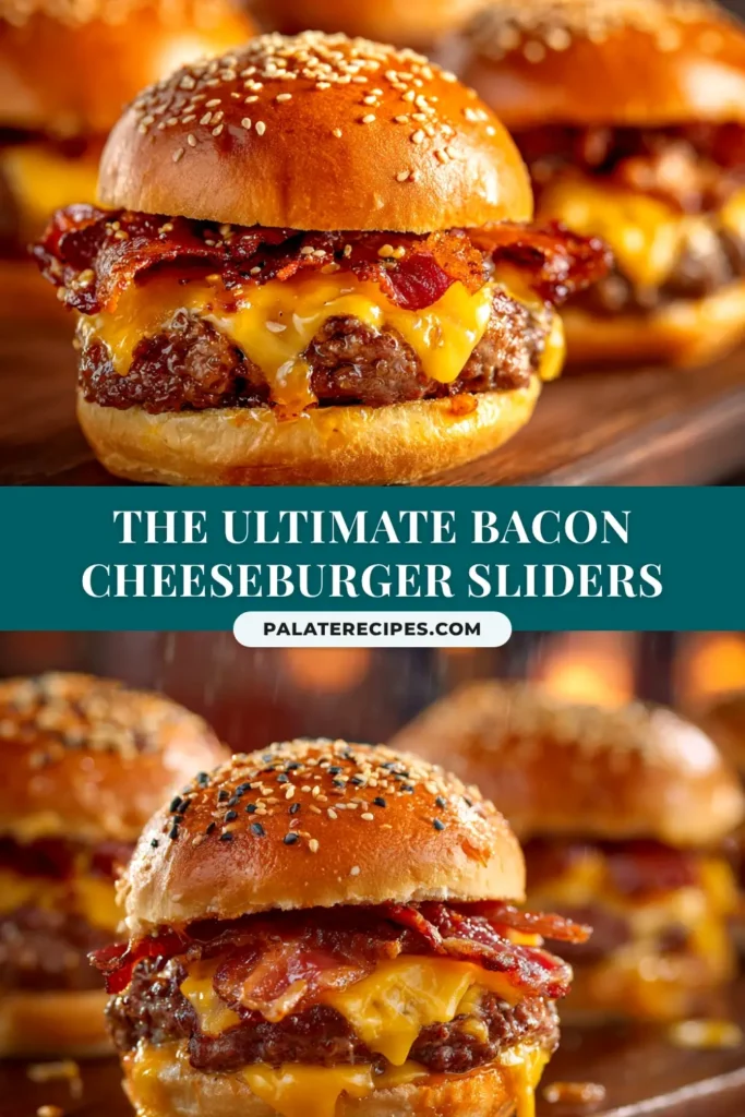 A pan of delicious Bacon Cheeseburger Sliders on Hawaiian rolls, fresh out of the oven with golden-brown tops and melted cheddar cheese peeking out the sides.