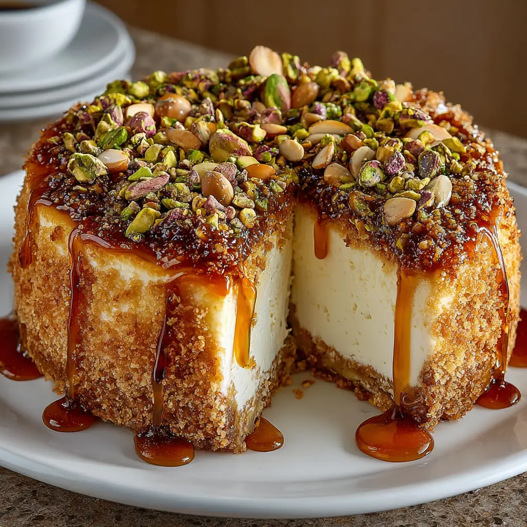 The finished baklava cheesecake, golden brown and scored in a diamond pattern, just before the honey syrup is poured on top.