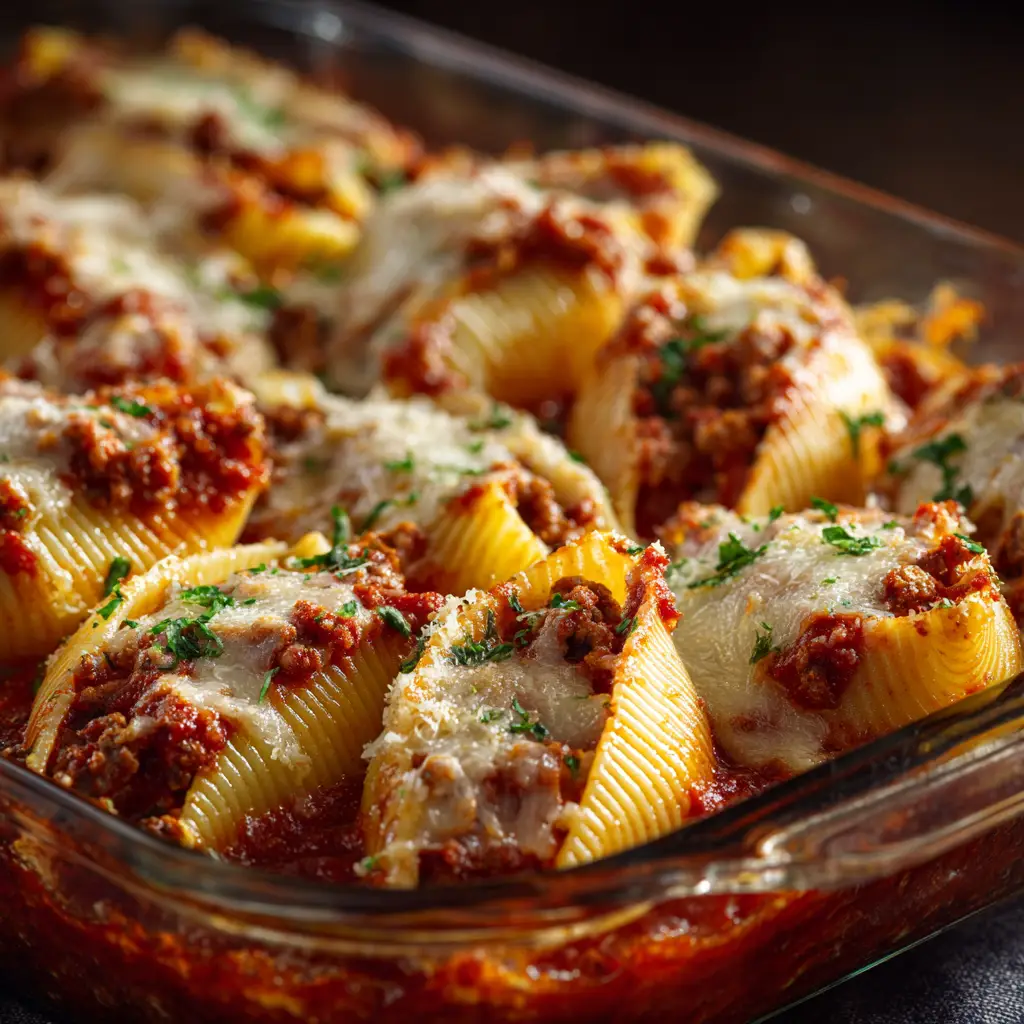 Beef-Stuffed Shells (The Ultimate Cheesy Recipe) 2 A spoonful of baked beef-stuffed shells being lifted from the pan, with a glorious cheese pull of melted mozzarella.