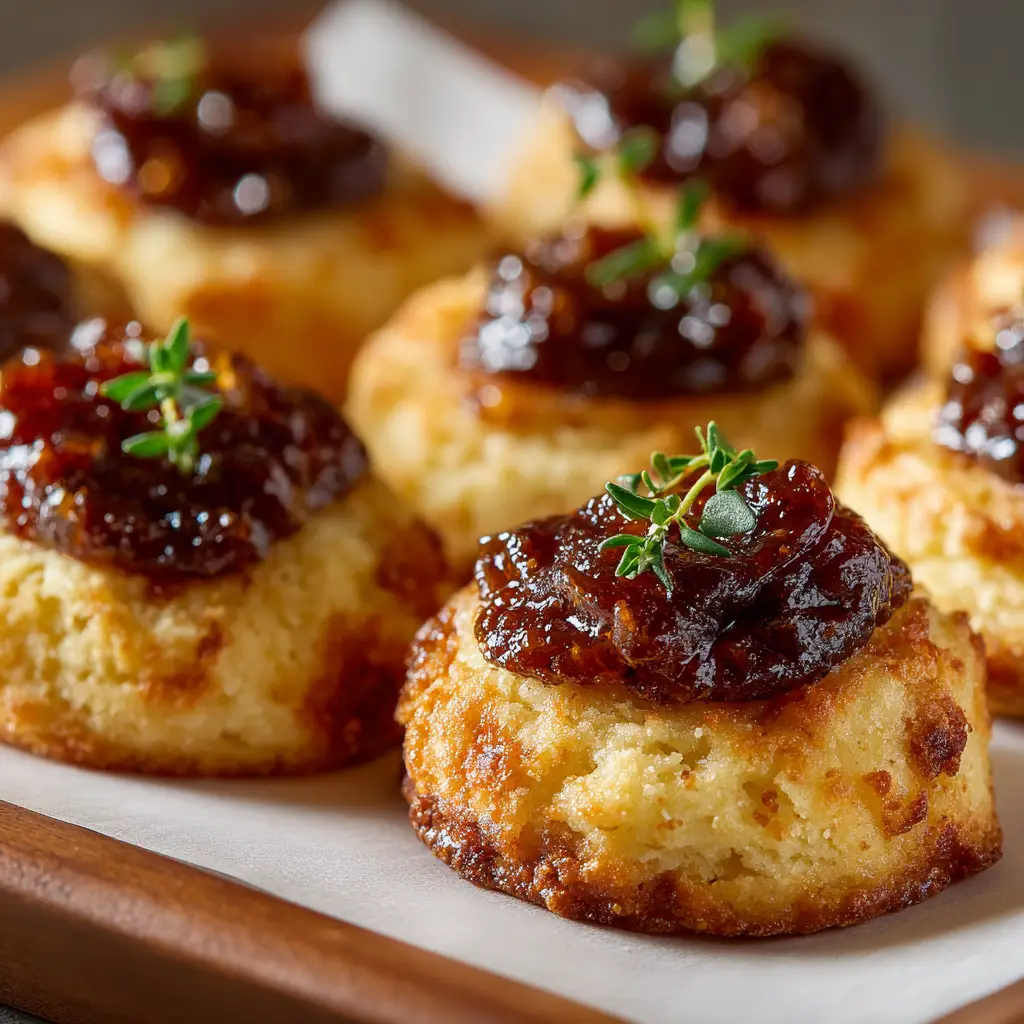 A batch of freshly baked cheddar thumbprint cookies on a baking sheet before being filled with bacon jam.