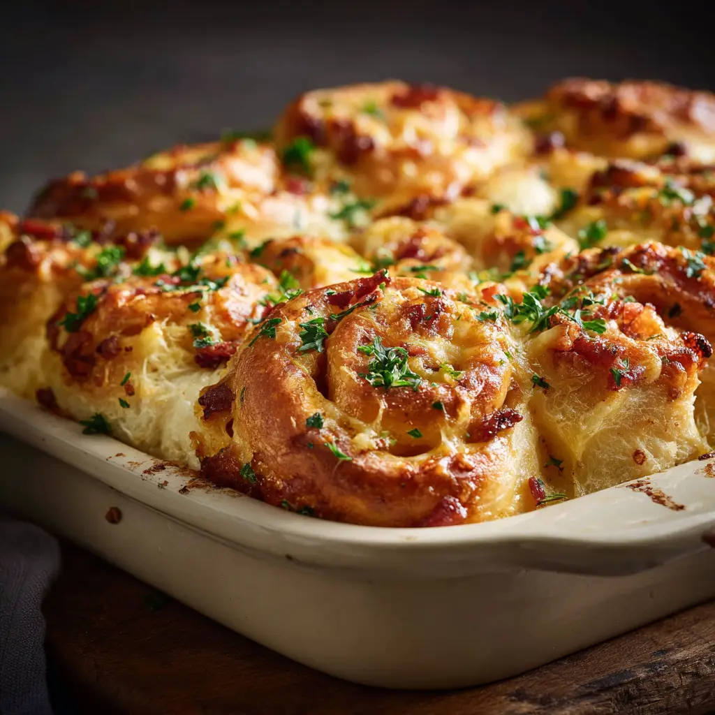 A batch of freshly baked sausage and egg breakfast rolls arranged in a baking dish, ready to be served for brunch.
