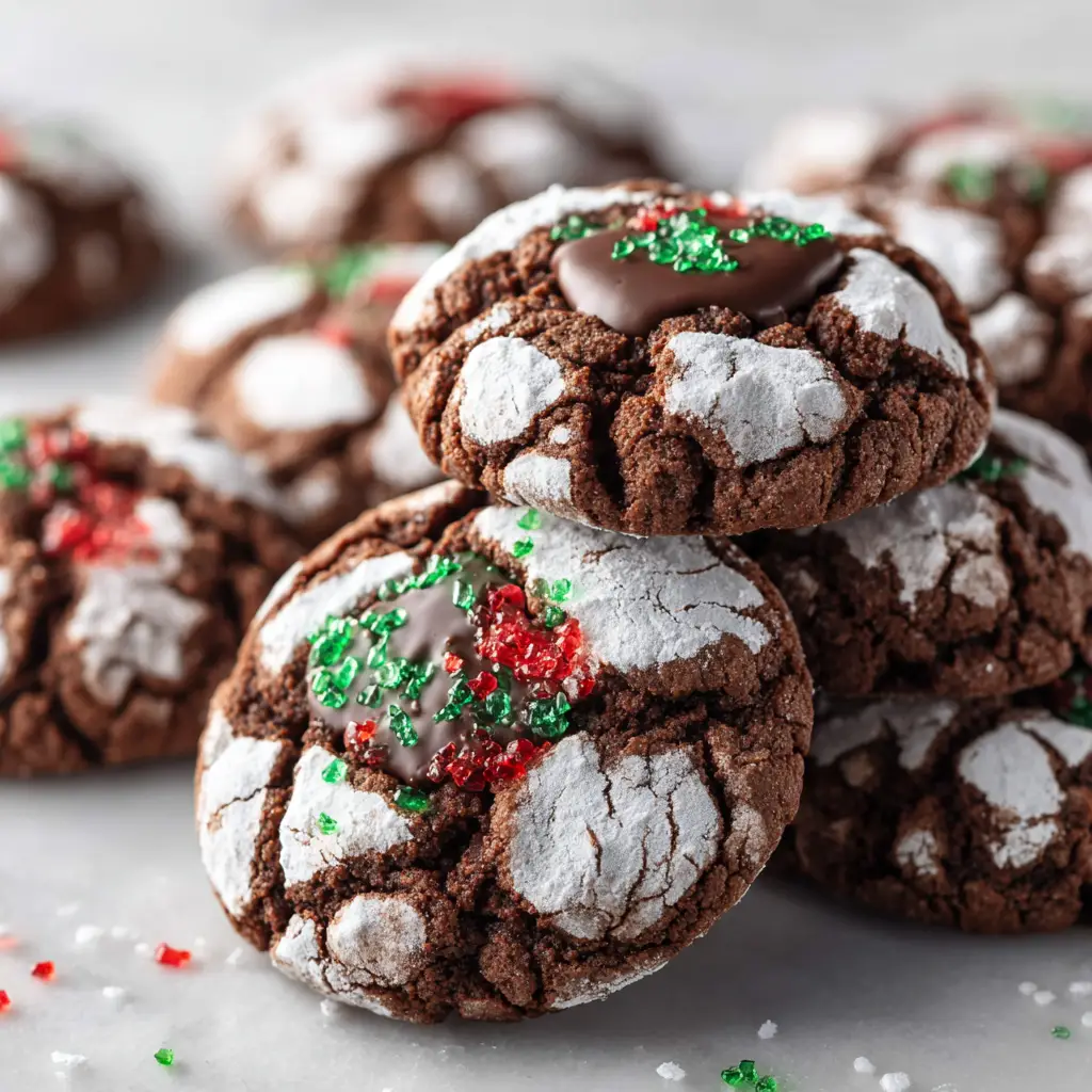 A tray of freshly baked chocolate mint crinkle cookies cooling on a wire rack, with steam gently rising.