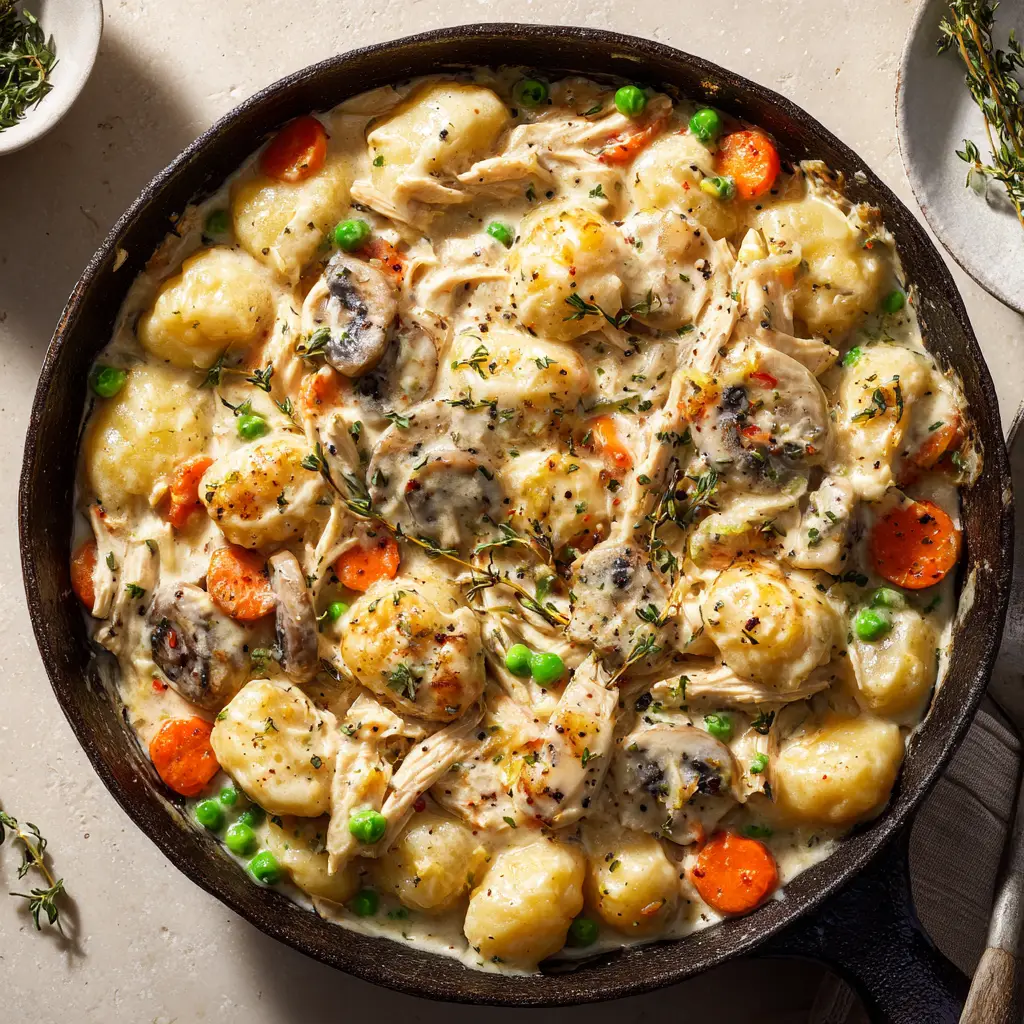 An extreme close-up shot of the golden-brown baked gnocchi topping on the chicken pot pie, fresh out of the oven.