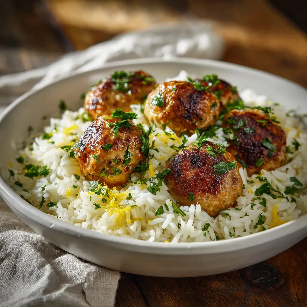 Greek Turkey Meatballs (Juicy & Flavorful!) 3 A close-up shot of baked Greek turkey meatballs in a white bowl, garnished with fresh herbs and crumbled feta cheese.