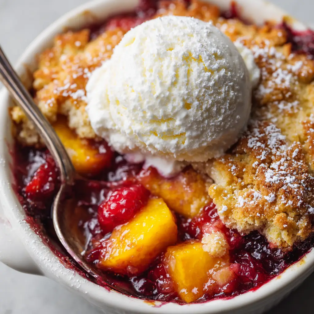 Peach Raspberry Cobbler (The Only Recipe You'll Ever Need) 2 The peach raspberry cobbler fresh out of the oven in a ceramic baking dish, with a golden brown topping and bubbly fruit filling.