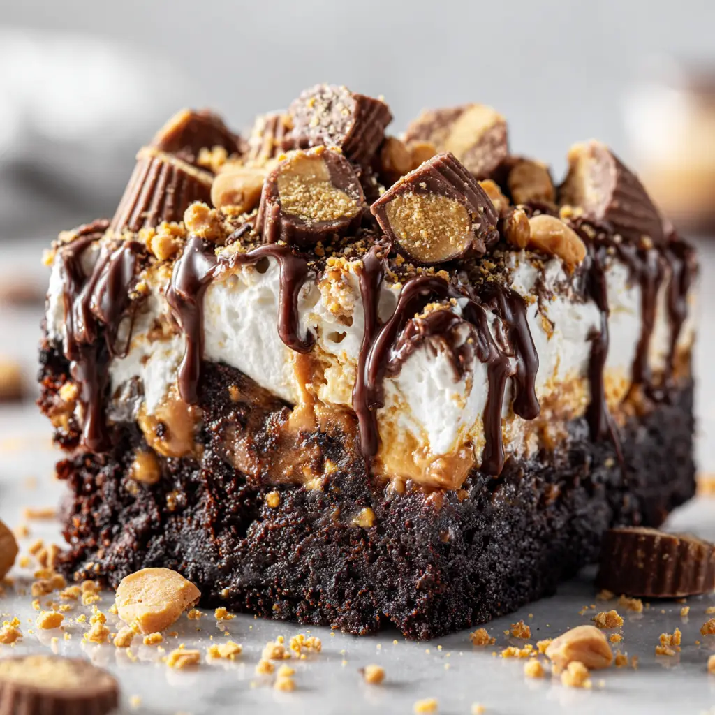 A baking dish filled with the finished Reese's dump cake, fresh out of the oven with a golden, bubbly top.