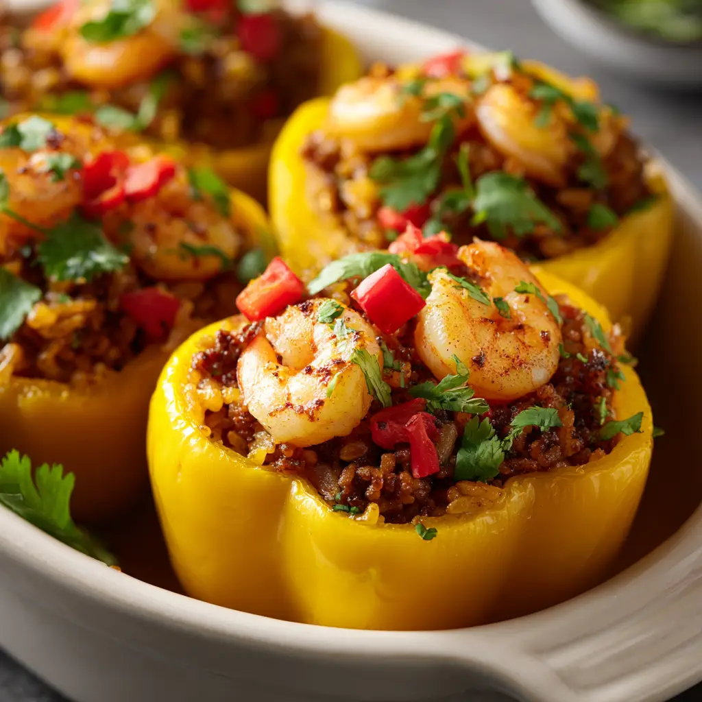 Cajun-Style Stuffed Bell Peppers: A Flavor-Packed Weeknight Dinner 2 A baking dish filled with Cajun-Style Stuffed Bell Peppers ready for the oven. The peppers are generously stuffed and arranged neatly for baking.
