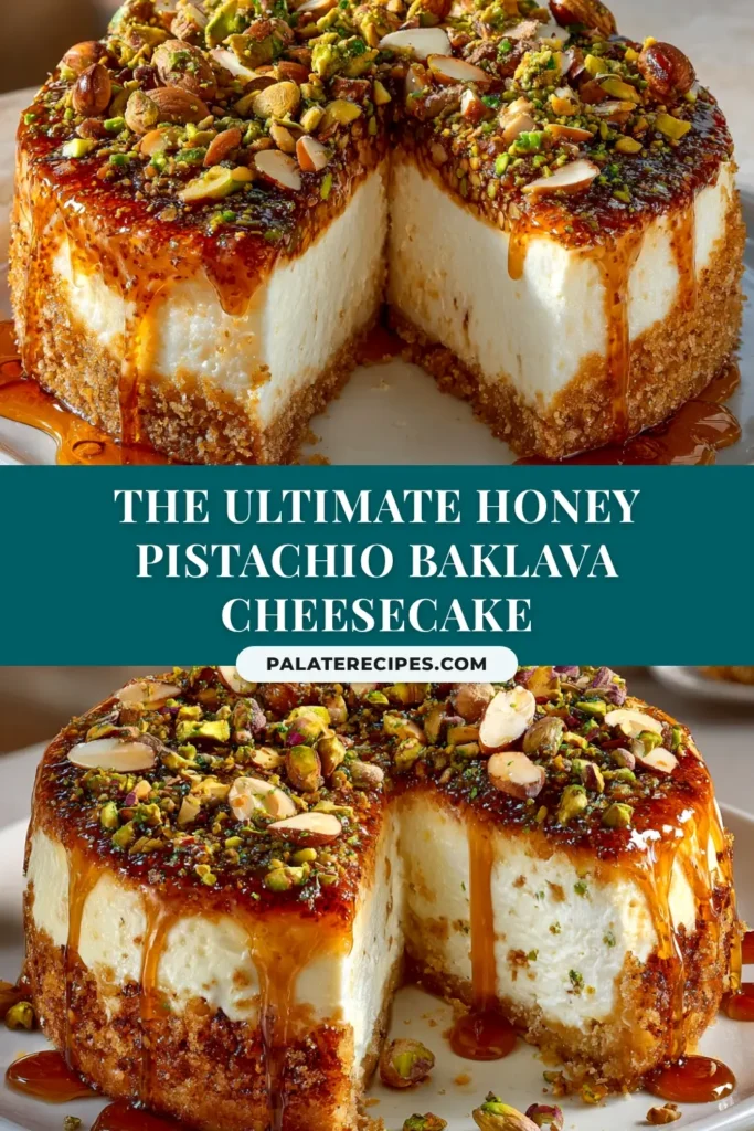 A perfect slice of baklava cheesecake on a white plate, showing the flaky phyllo layers, creamy center, and a drizzle of honey syrup.