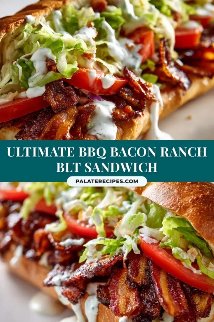 An overhead shot of a perfectly assembled BBQ Bacon Ranch BLT cut in half, showcasing layers of crispy bacon, lettuce, tomato, and dripping sauces on toasted sourdough bread.