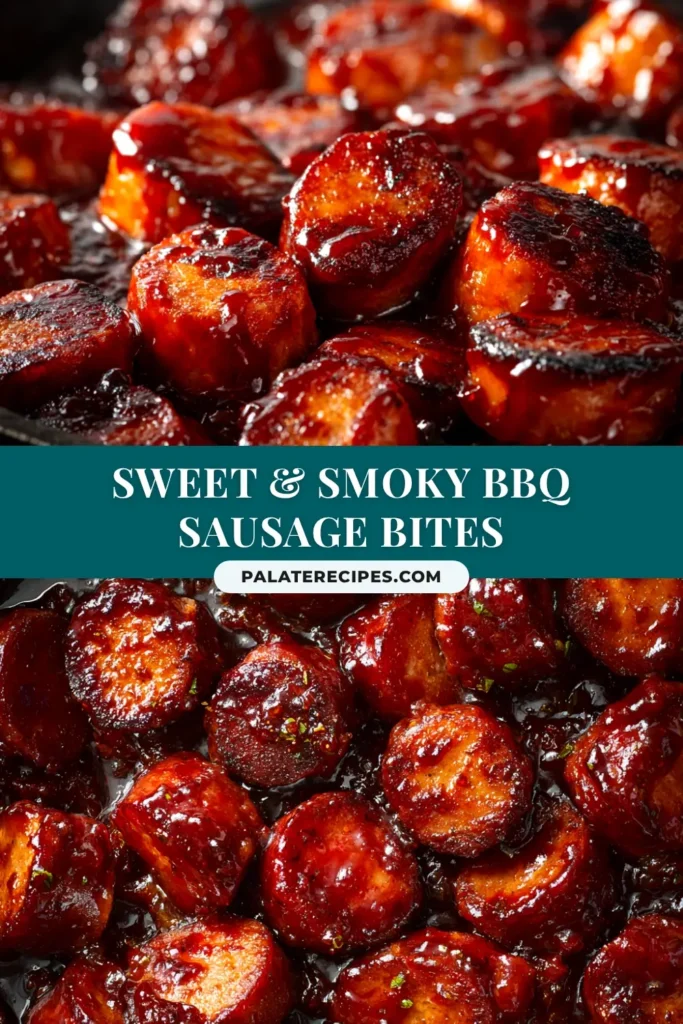 Easy BBQ Sausage Bites appetizer in a white bowl with toothpicks. This simple crockpot or oven recipe is perfect for parties and game day.
