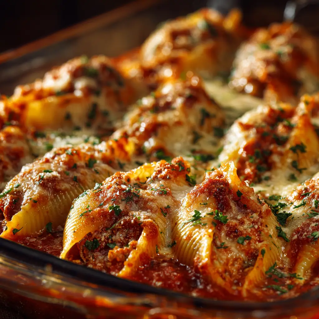 Beef-Stuffed Shells (The Ultimate Cheesy Recipe) 3 A close-up view of a single beef-stuffed shell showing the savory ground beef and ricotta filling inside the tender pasta.