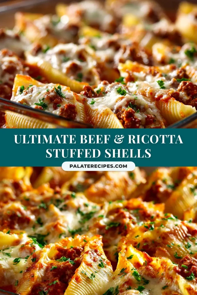 Beef-Stuffed Shells (The Ultimate Cheesy Recipe) 4 A delicious pan of beef-stuffed shells, fresh from the oven, with bubbly mozzarella cheese and rich marinara sauce. The perfect cheesy beef-stuffed shells recipe for a family dinner.