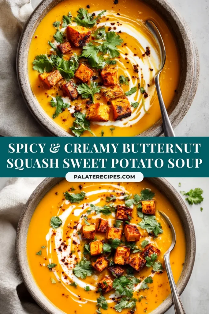 Butternut Squash Sweet Potato Soup (The Ultimate Creamy Recipe) 5 A bowl of creamy butternut squash sweet potato soup topped with fresh parsley and pumpkin seeds, shown with a spoon ready to eat.