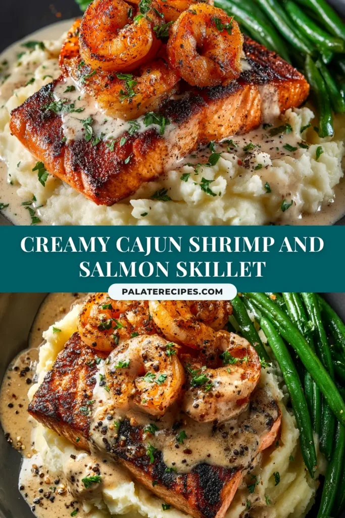 A skillet filled with delicious Cajun Shrimp and Salmon, garnished with fresh parsley and a lemon wedge, ready to be served.