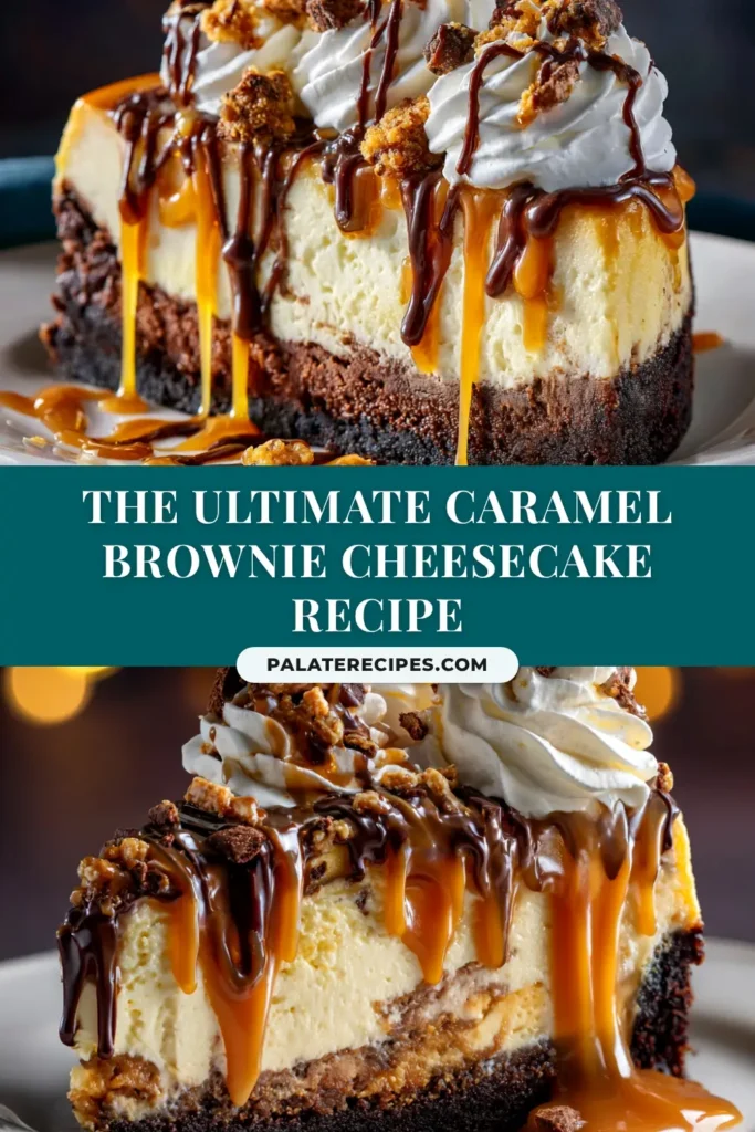 A decadent Caramel Brownie Cheesecake on a serving platter, with a slice removed to show the rich brownie base and creamy cheesecake filling, drizzled with golden caramel sauce.