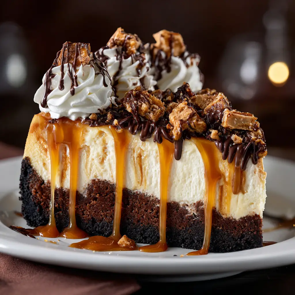 An overhead view of the caramel brownie cheesecake being prepared, with caramel sauce being swirled into the creamy cheesecake batter.